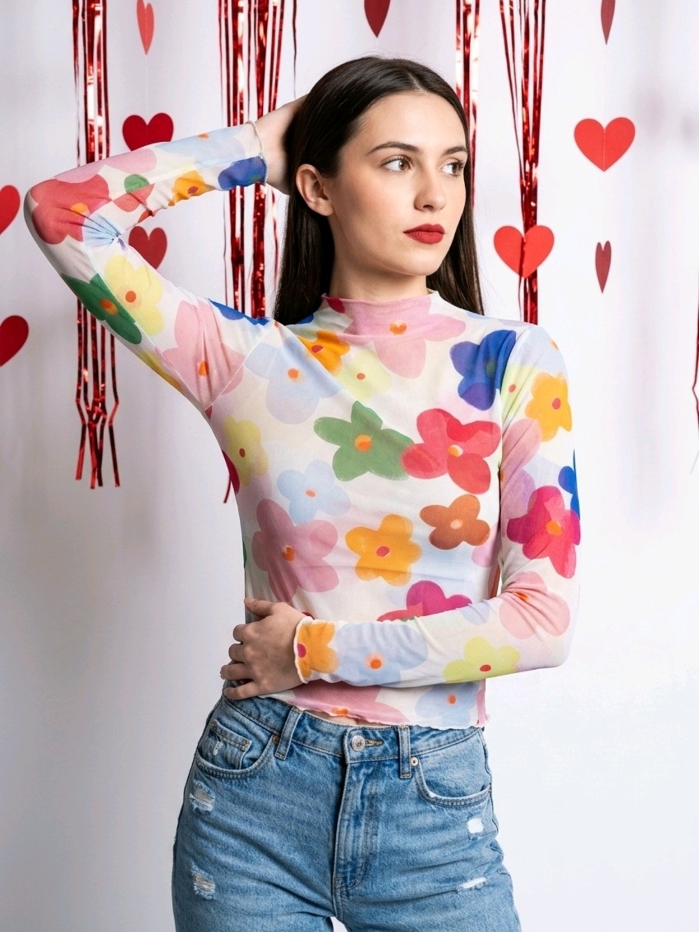 Source Unknown Multicolor Floral Mock-Neck Long Sleeve Top